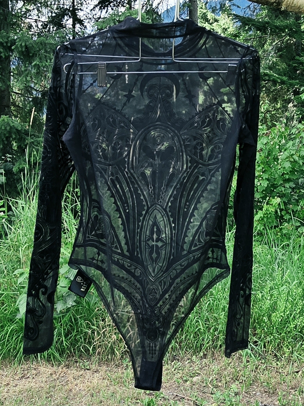 ✨️NWOT✨️ Restyle Black Flocked Velvet Cathedral Mesh Bodysuit - Picture 2 of 3